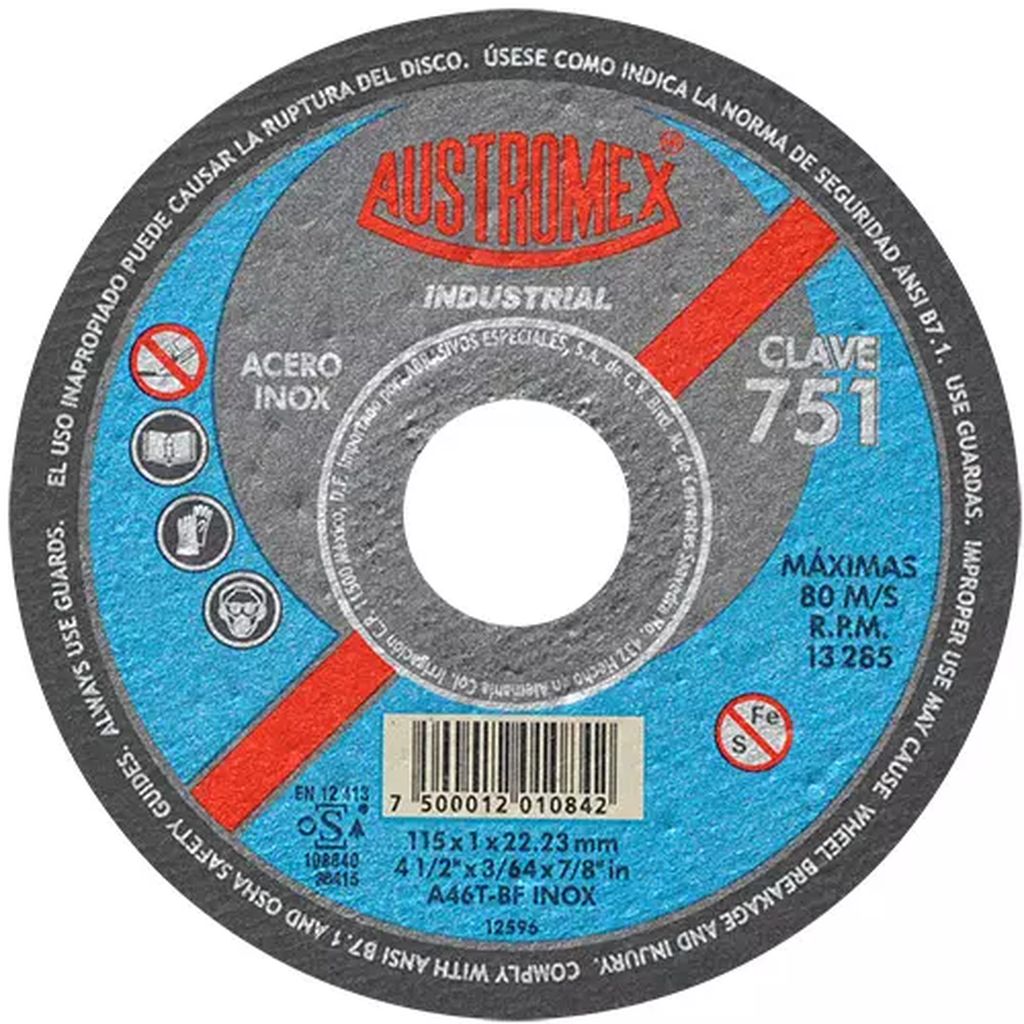 DISCO PARA CORTE DE ACERO INOXIDABLE 4.1/2"X1MMX7/8" SUPER DELGADO (INDUSTRIAL), AUSTROMEX