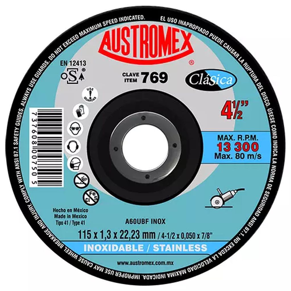 DISCO PARA CORTE DE ACERO INOXIDABLE 4.1/2"X1MMX7/8" SUPER DELGADO, AUSTROMEX