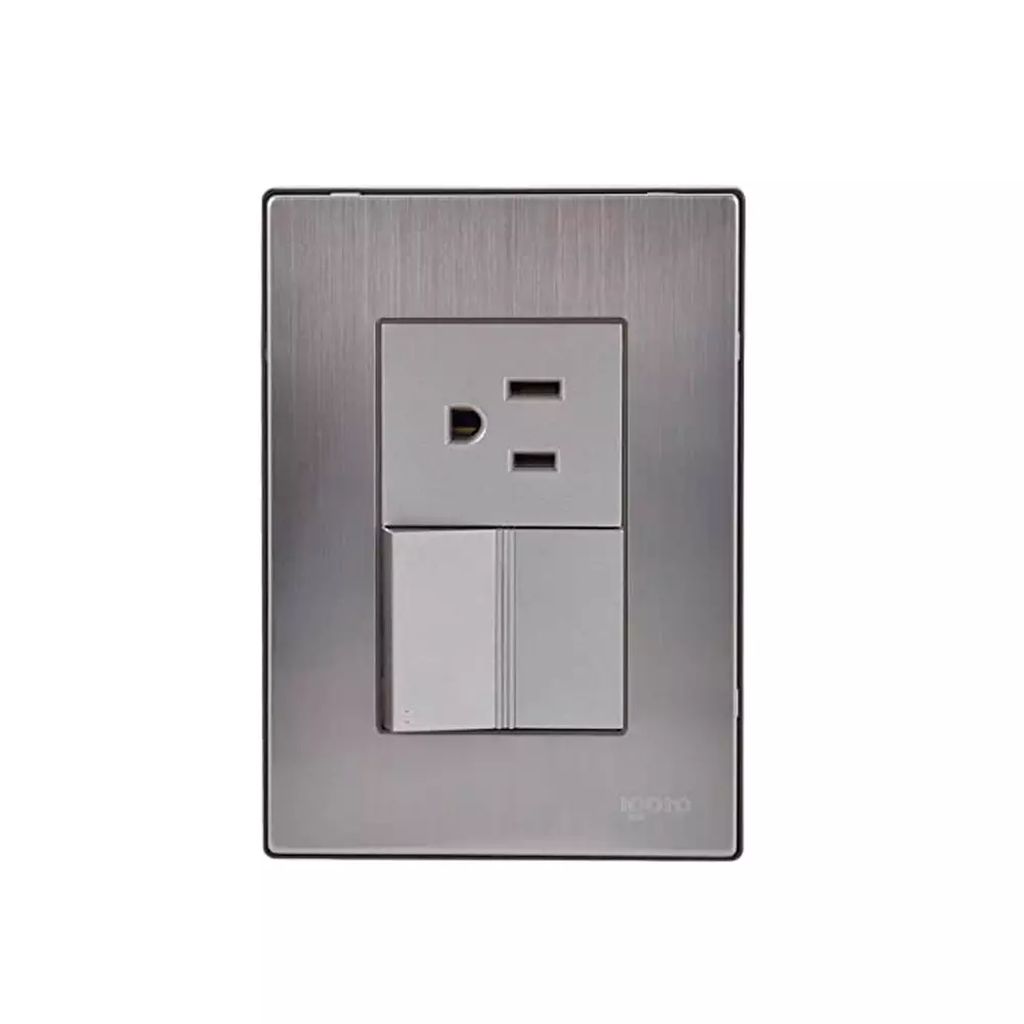 PLACA ARMADA INOX C/APAGADOR SENCILLO PARA ESCALERA + 1 CONTACTO 1.5 DE 1 MODULO OXFORD, AXO LIGHT