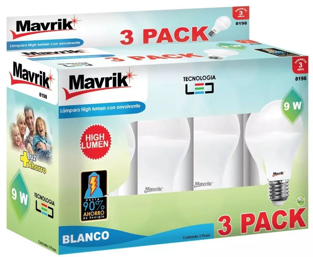 FOCO LED 10 W LUZ BLANCA  6500 K BASE E27 A19 (MAVRIK) (3 PZAS), ADIR