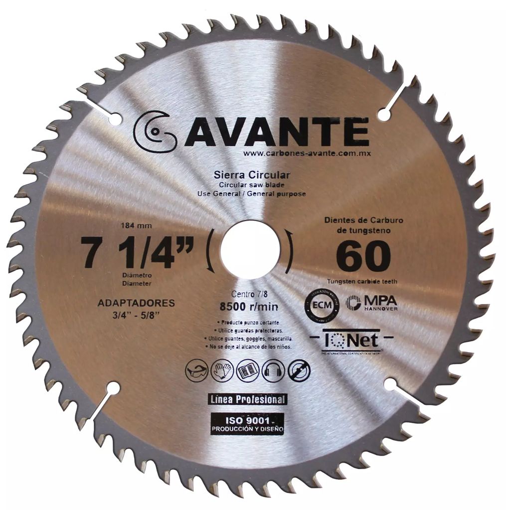 SIERRA CIRCULAR 7.1/4"X5/8" 60 DIENTES CARBURO DE TUNGSTENO, AVANTE