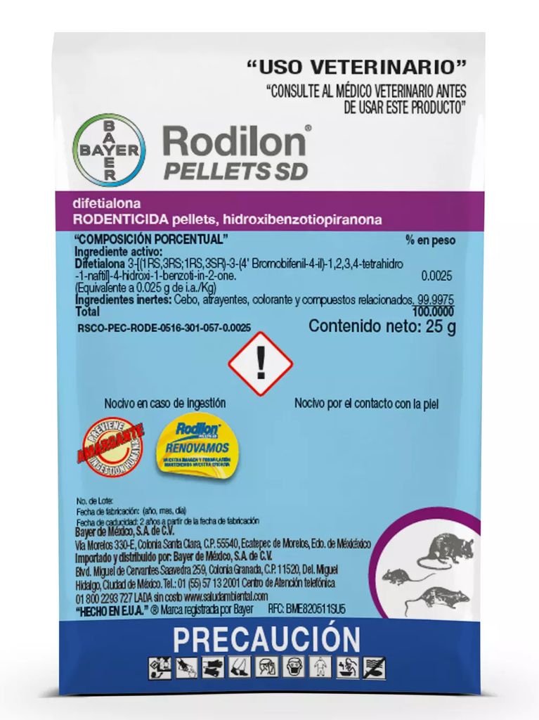 RODENTICIDA PELLETS HIDROXIBENZOTIOPIRANON 25 GR (RODILON PELLETS SD), BAYER