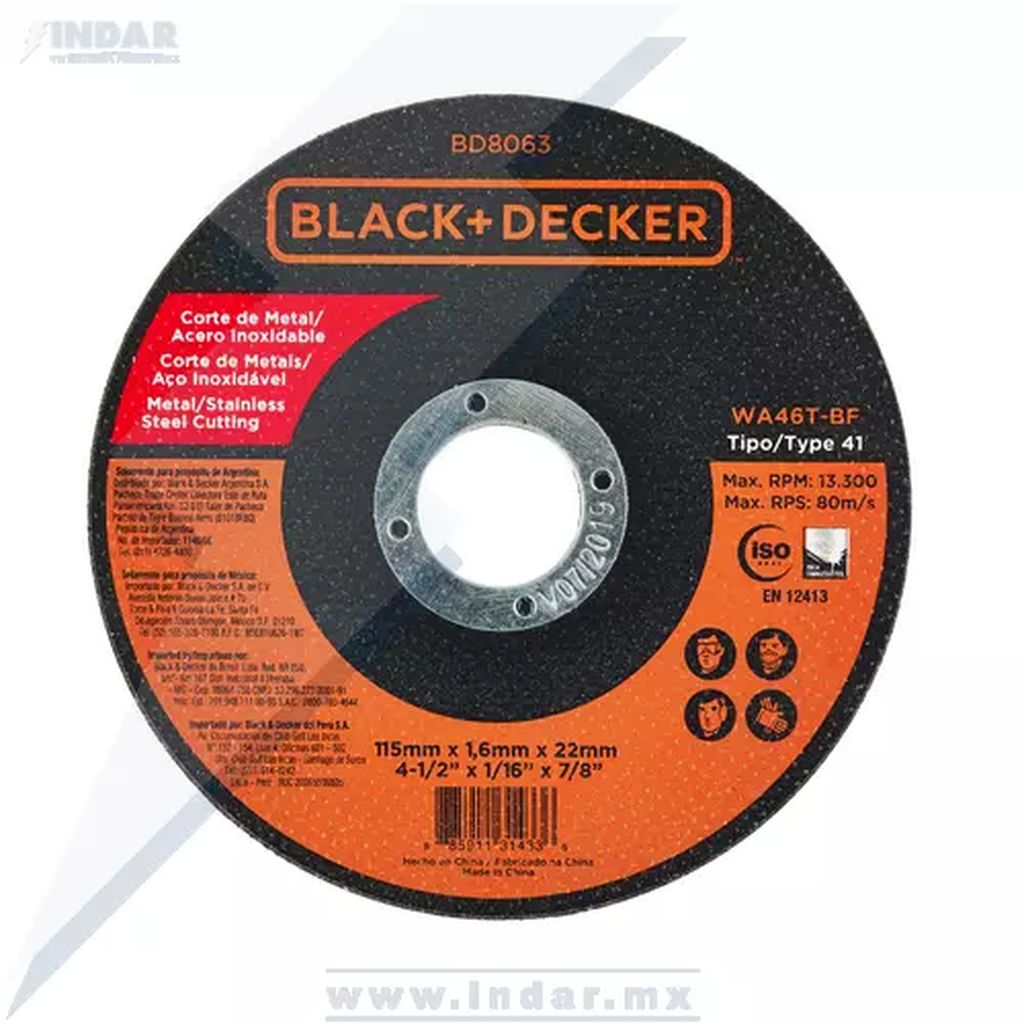 DISCO PARA CORTE DE METAL Y ACERO INOXIDABLE 4.1/2"X1/16"X7/8" SUPER DELGADO, BLACK AND DECKER