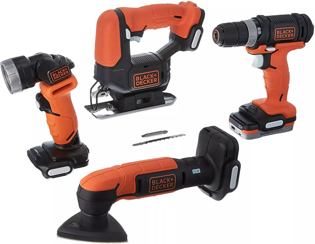 TALADRO ATORNILLADOR 3/8" 12 V + SIERRA CALADORA 5/8" 12V  + LAMPARA DE TRABAJO 12V + LIJADORA 12V, BLACK AND DECKER