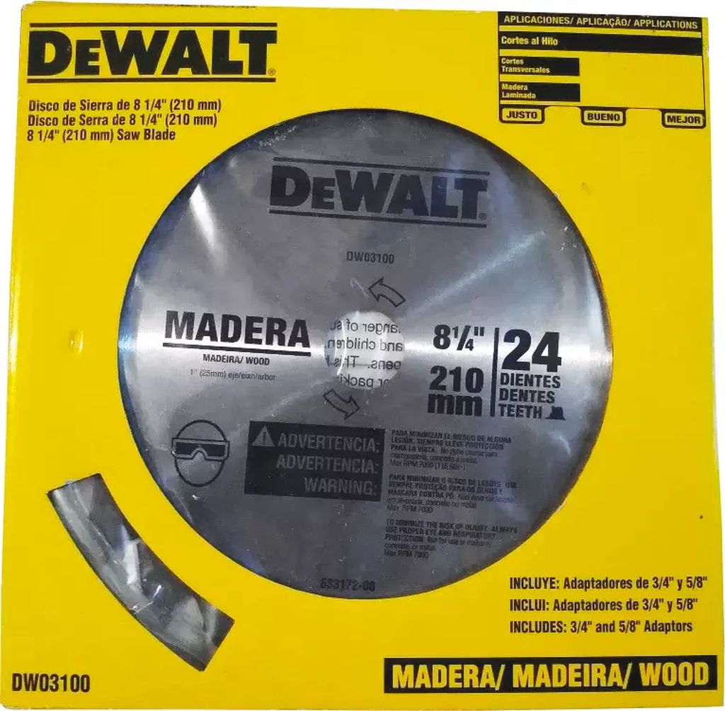 SIERRA CIRCULAR 8.1/4"X1" 24 DIENTES C-TUNG P/MADERA, DEWALT