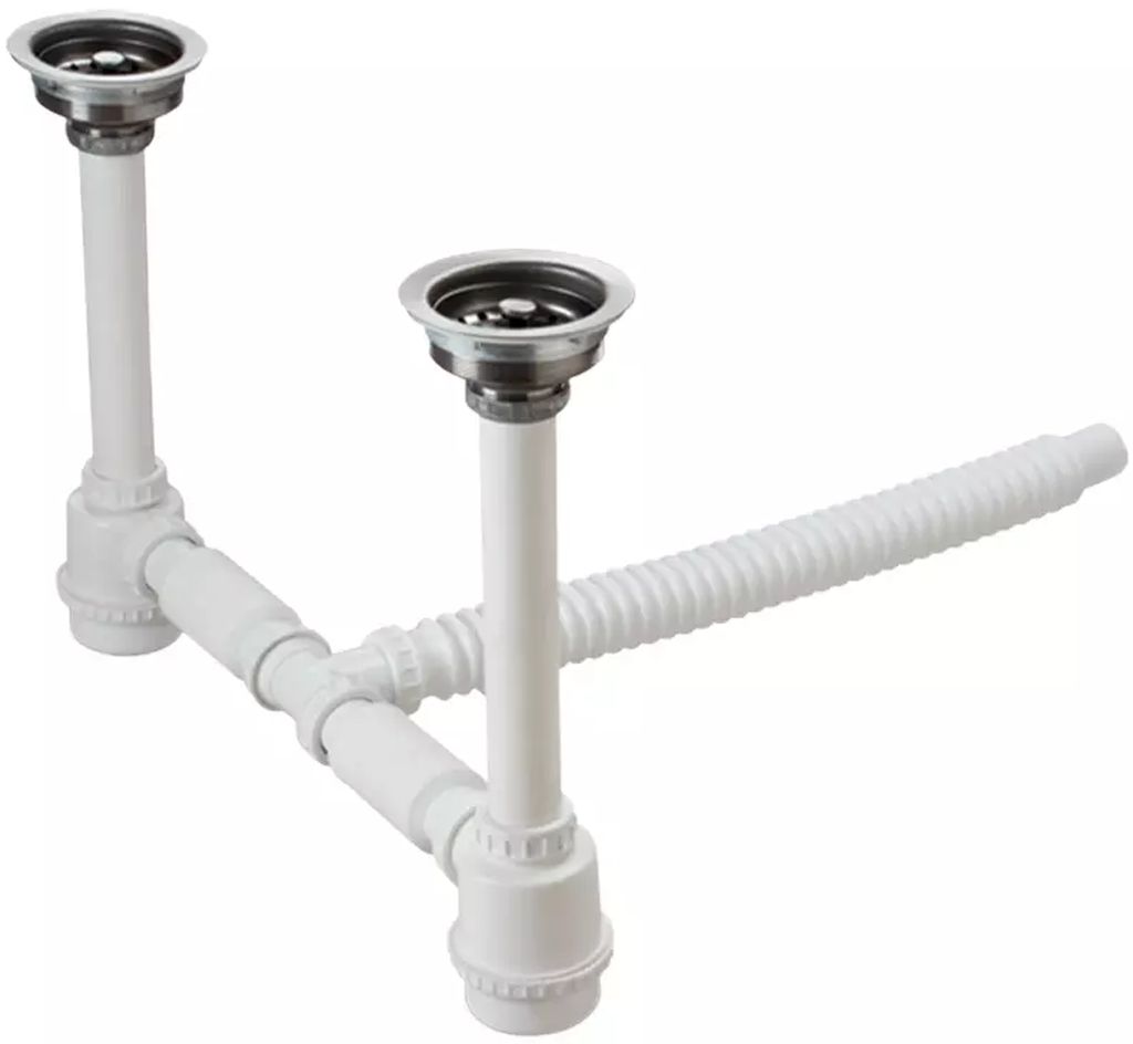 DESAGÜE PARA FREGADERO DOBLE C/CONTRACANASTA MET. TUBO FLEXIBLE DE 18" CEJA DE 10", BOTE GRANDE, ELPRO