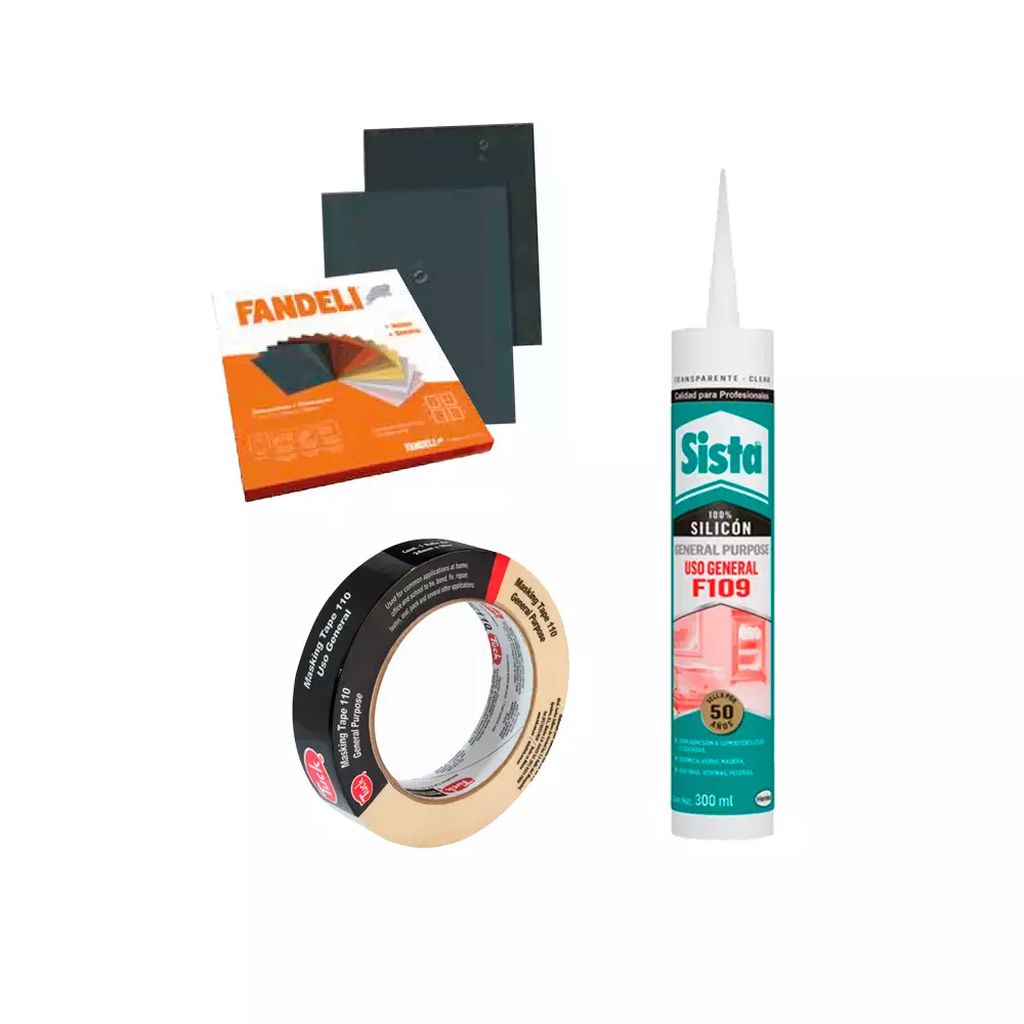 LIJA DE AGUA 9"X11"G220 PINTURA(50PZAS)+CINTA MASKING 24X50(5PZAS)+SILICON 100%TRANS 300ML USO GEN, FANDELI