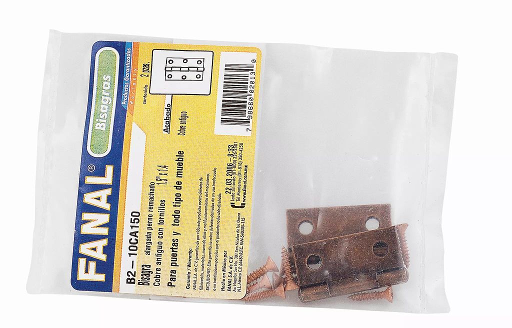 [F5 51L300] BISAGRA LIGERA CUADRADA 3" (74MM) LATON BRILLANTE CON TORNILLOS F5 51L300