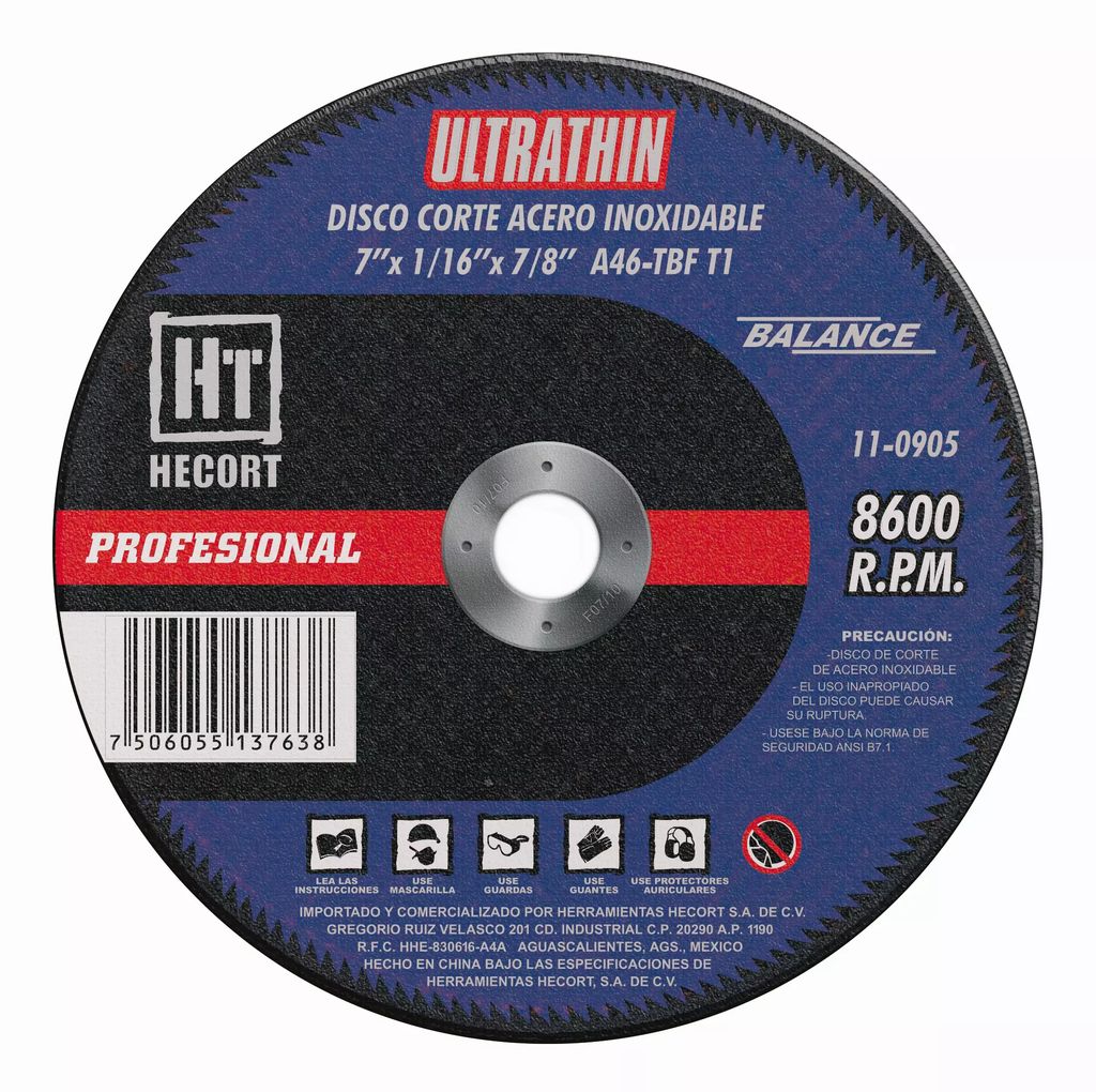DISCO PARA CORTE DE ACERO INOXIDABLE 7"X1/16"X7/8" (BALANCE), HECORT