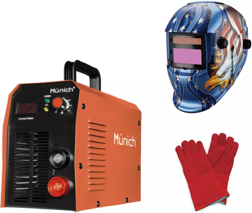 SOLDADORA P/ELECTRODO REVESTIDO INVERTER 010-200 A 120/220V (CA) Y TIG C/CABLES CARETA MODELO VARIOS CEPILLO +GUANTES, MUNICH