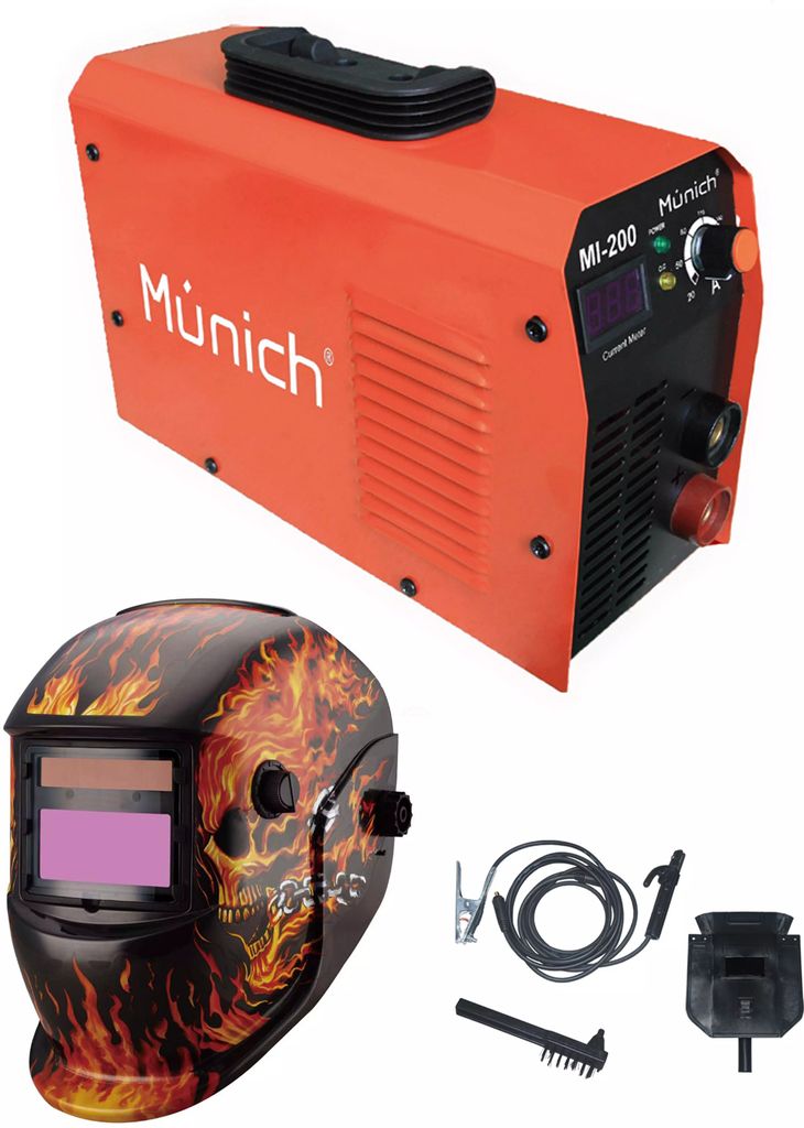 SOLDADORA PARA ELECTRODO REVESTIDO INVERTER 010-200 A 120/220 V (CA) Y TIG + CARETA, MUNICH