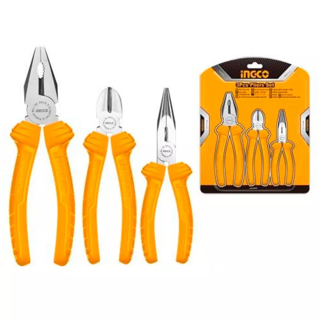 PINZA P/ELECTRICISTA 7" UNIVERSAL CORTE LATERAL+PINZA P/ELECTR 6"CORTE DIAGONAL+PINZA PUNTA LARGA 6", INGCO