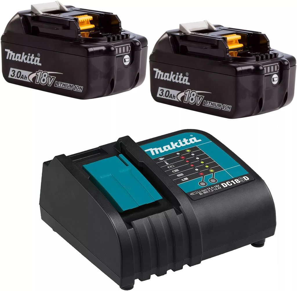 BATERIA CON INDICADOR DE CARGA BL1830B 18V 3.0AH LITIO-ION 2PZAS + CARGADOR DC18SD 14.4V - 18V LXT, MAKITA