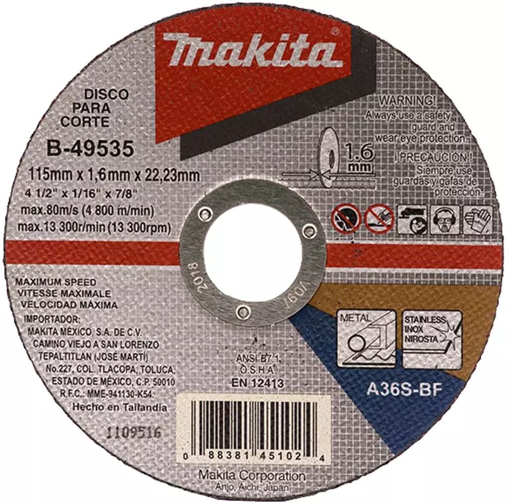 DISCO PARA CORTE DE ACERO INOXIDABLE 4.1/2" X1.6MMX7/8", MAKITA