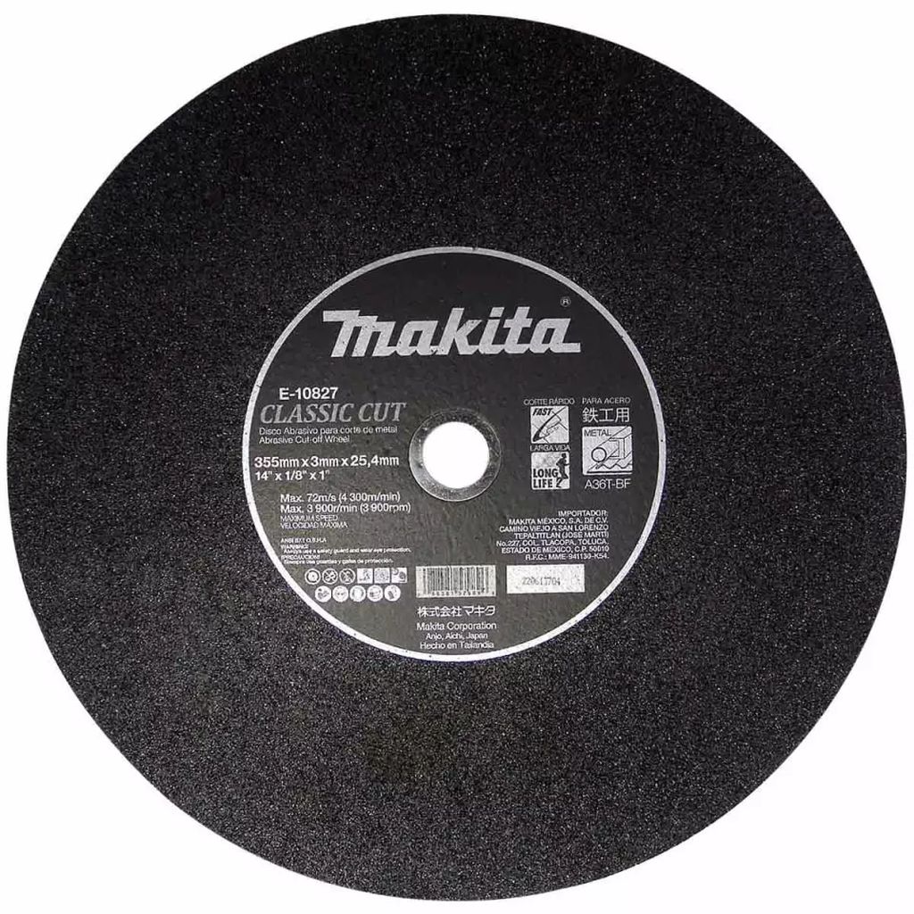DISCO PARA CORTE DE METAL 14"X1/8"X1" SOLIDOS LARGA VIDA  GRANO A36 NEGRO, MAKITA