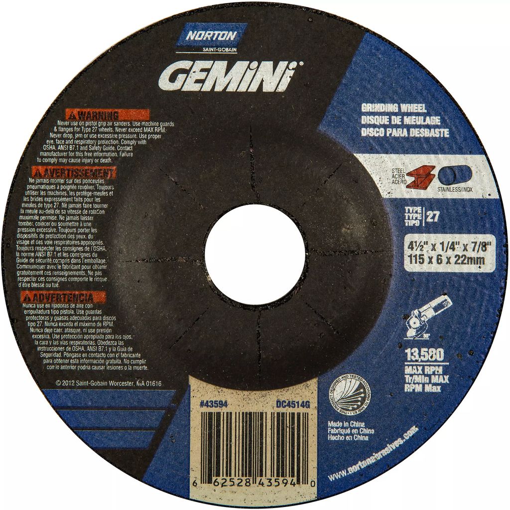 DISCO T-27 4.1/2"X1/4"X7/8" PARA DESBASTE DE METAL (GEMINI DC4514G), NORTON
