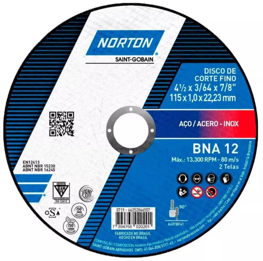 DISCO PARA CORTE DE METAL Y ACERO INOXIDABLE 4.1/2"X1.0MMX7/8" (AZUL BNA 12), NORTON