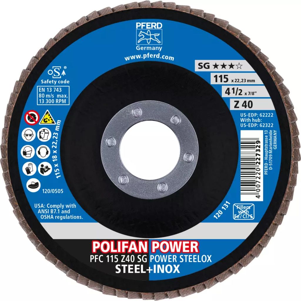 DISCO LAMINADO T-29 4.1/2"X7/8" G40 ZIRCONIO  ALTO REND DESB. DE METAL Y ACERO INOX. POLIFAN  SG-E, PFERD