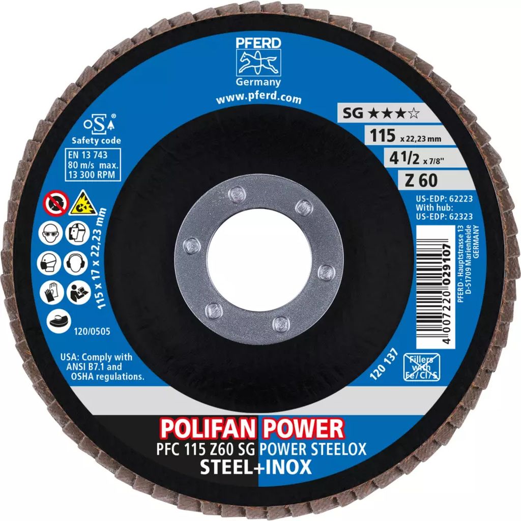 DISCO LAMINADO T-29 4.1/2"X7/8" G60 ZIRCONIO  ALTO REND P/DESB. DE METAL Y ACERO INOX. POLIFAN  SG-E, PFERD