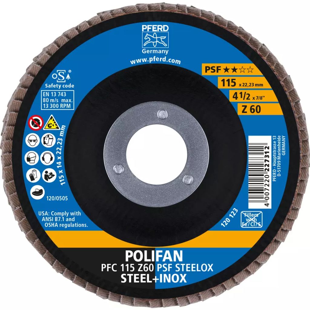 DISCO LAMINADO T-29 4.1/2"X7/8" G60 ZIRCONIO  ALTO REND DESB. DE METAL Y ACERO INOX. POLIFAN  PS-F, PFERD