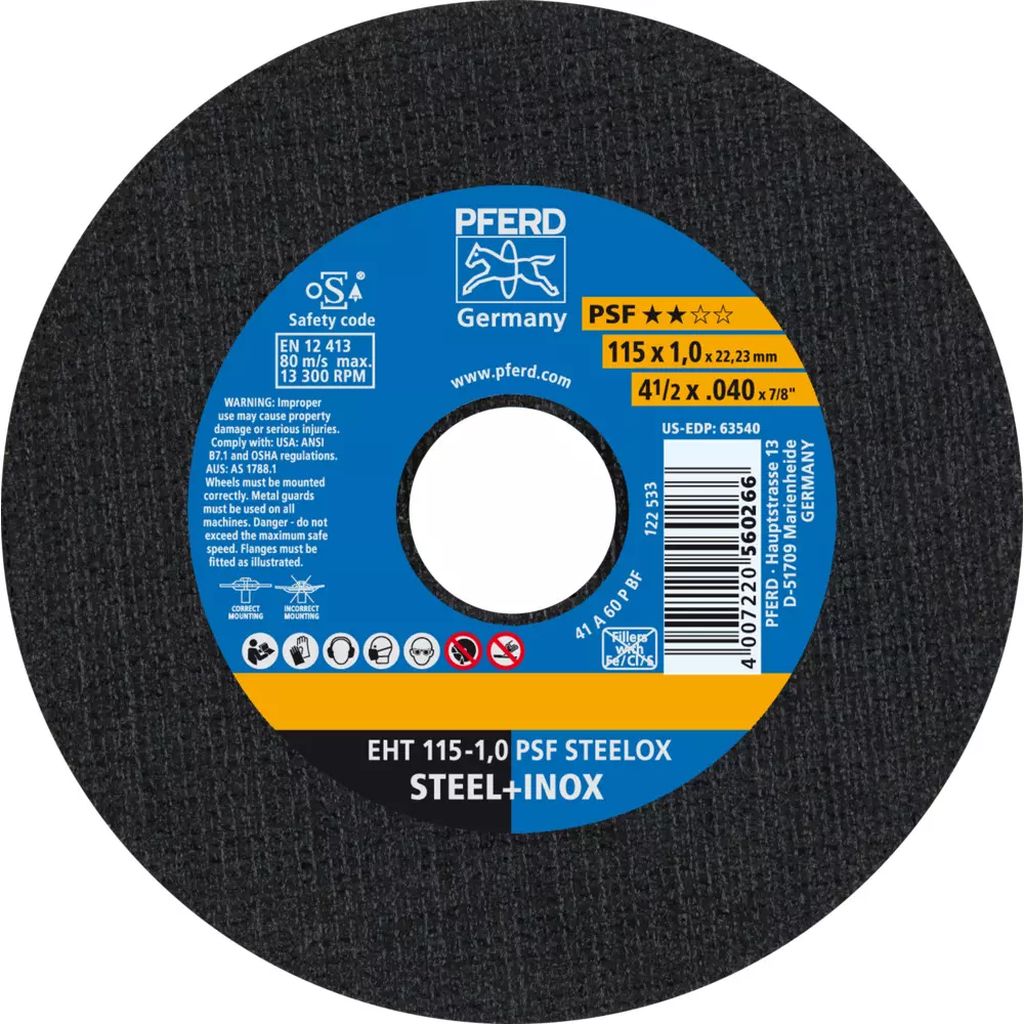 DISCO PARA CORTE DE ACERO INOXIDABLE 4.1/2"X1MMX7/8" SUPER DELGADO (PS-F), PFERD