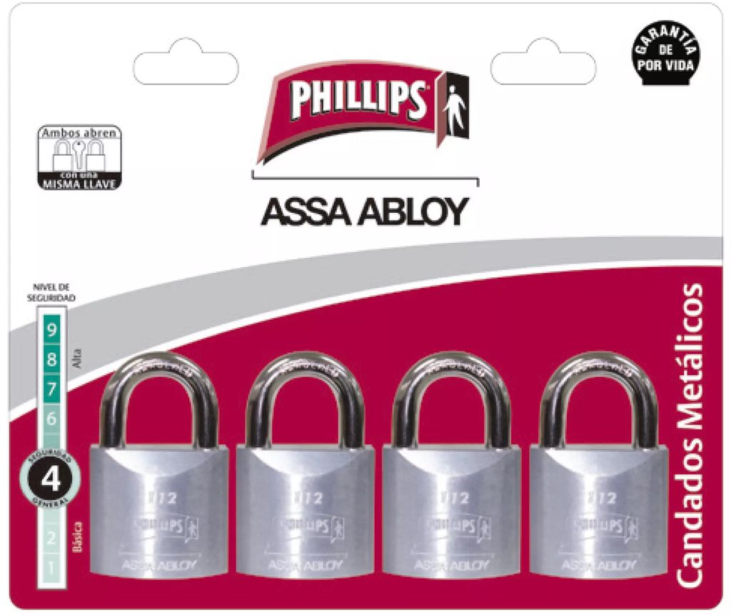 JUEGO DE CANDADOS METALICO 38MM GANCHO CORTO 4 PZAS, PHILLIPS