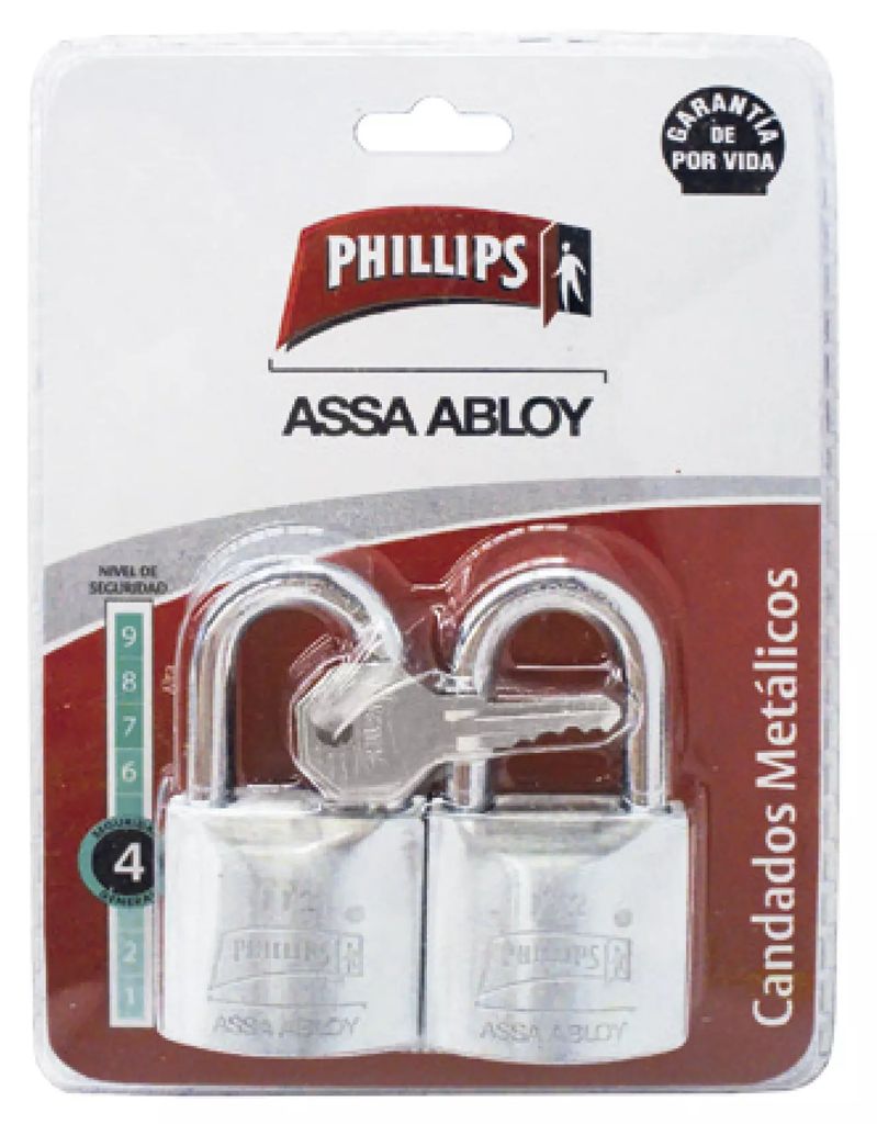 JUEGO DE CANDADOS METALICO 38MM GANCHO LARGO 2 PZAS, PHILLIPS