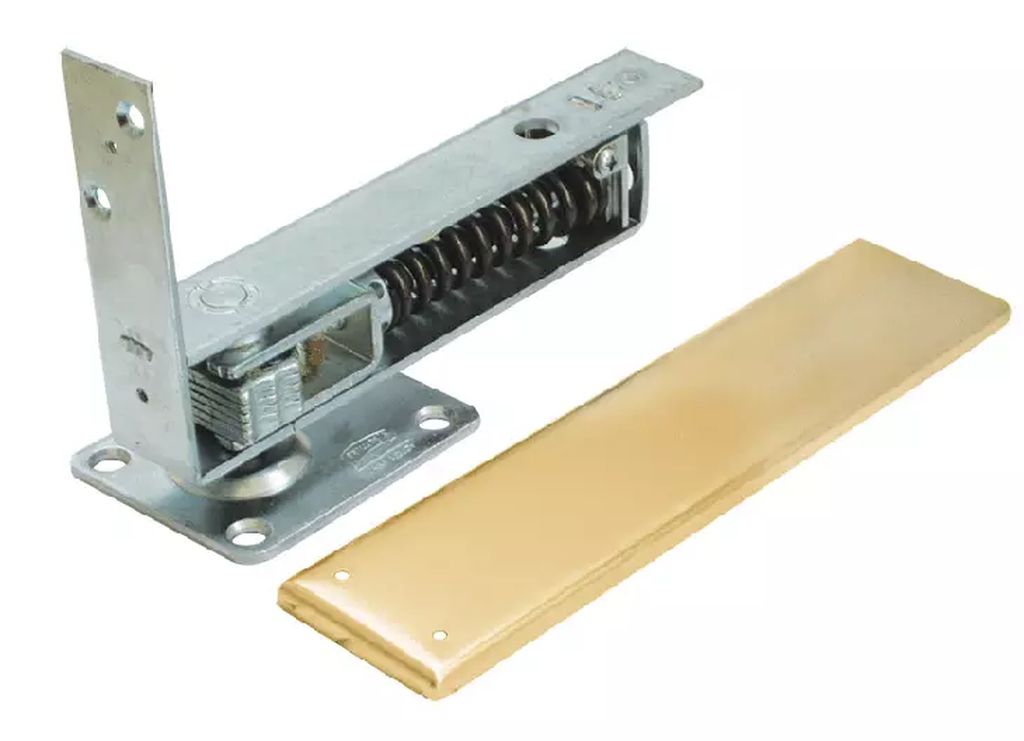 BISAGRA MECANICA PARA PISO DOBLE ACCION DE VAIVEN LATON BRILLANTE CON TORNILLOS, PHILLIPS