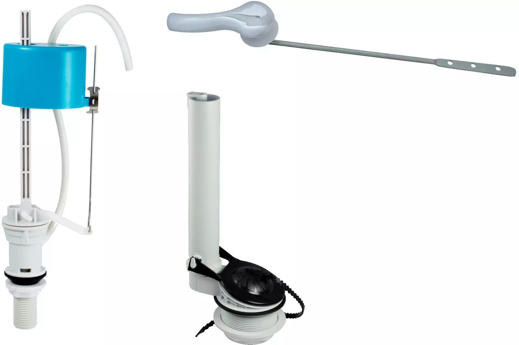 JUEGO DE HERRAJES PARA W. C. CON VALVULA DE ADMISION Y DESCARGA CON PALANCA, RUGO