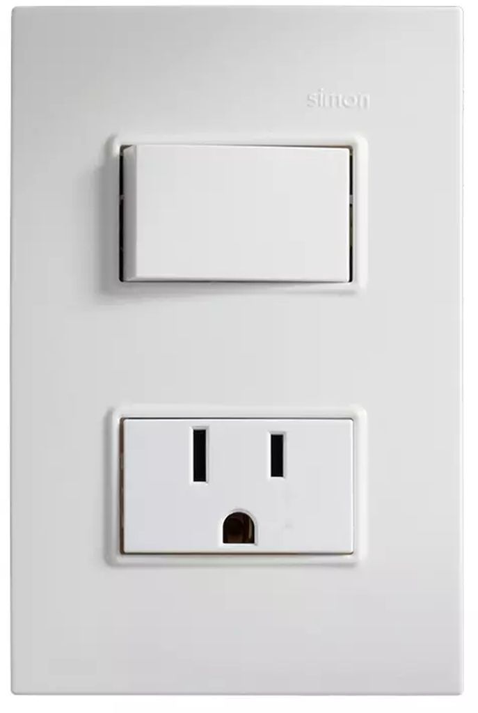 CONTACTO ELECTRICO CON PLACA 2P+T 15A CON PROTECCION INFANTIL CON APAGADOR 1 VIA 10A 127V BLANCO, SIMON