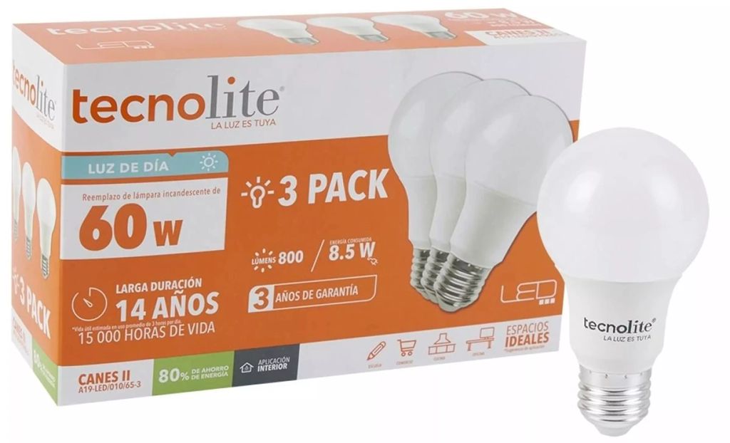 FOCO LED 8.5 W LUZ BLANCA 6500 K BASE E27 A19 SUPER AHORRADOR (HIDRUS I) (3 PACK), TECNOLITE