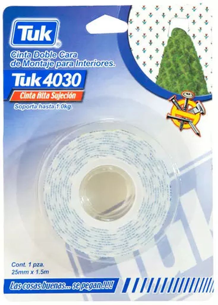 CINTA DE ESPUMA DOBLE CARA 1" (25MM) X 1.5 MT USO LIGERO INTERIORES, TUK