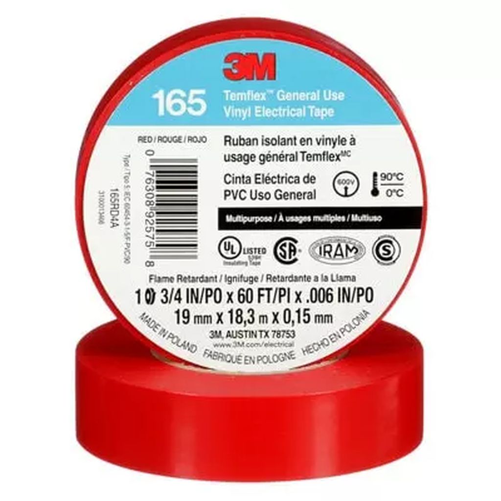 CINTA AISLANTE 19X18 VINIL ROJO TEMFLEX 165, 3M