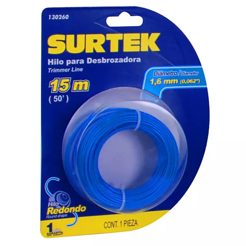 NYLON PARA DESBROZADORA 015 MT ROLLO HILO REDONDO DE 1.65 MM AZUL (BLISTER), SURTEK