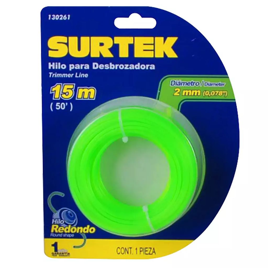 NYLON PARA DESBROZADORA 015 MT ROLLO HILO REDONDO DE 2 MM VERDE (BLISTER), SURTEK