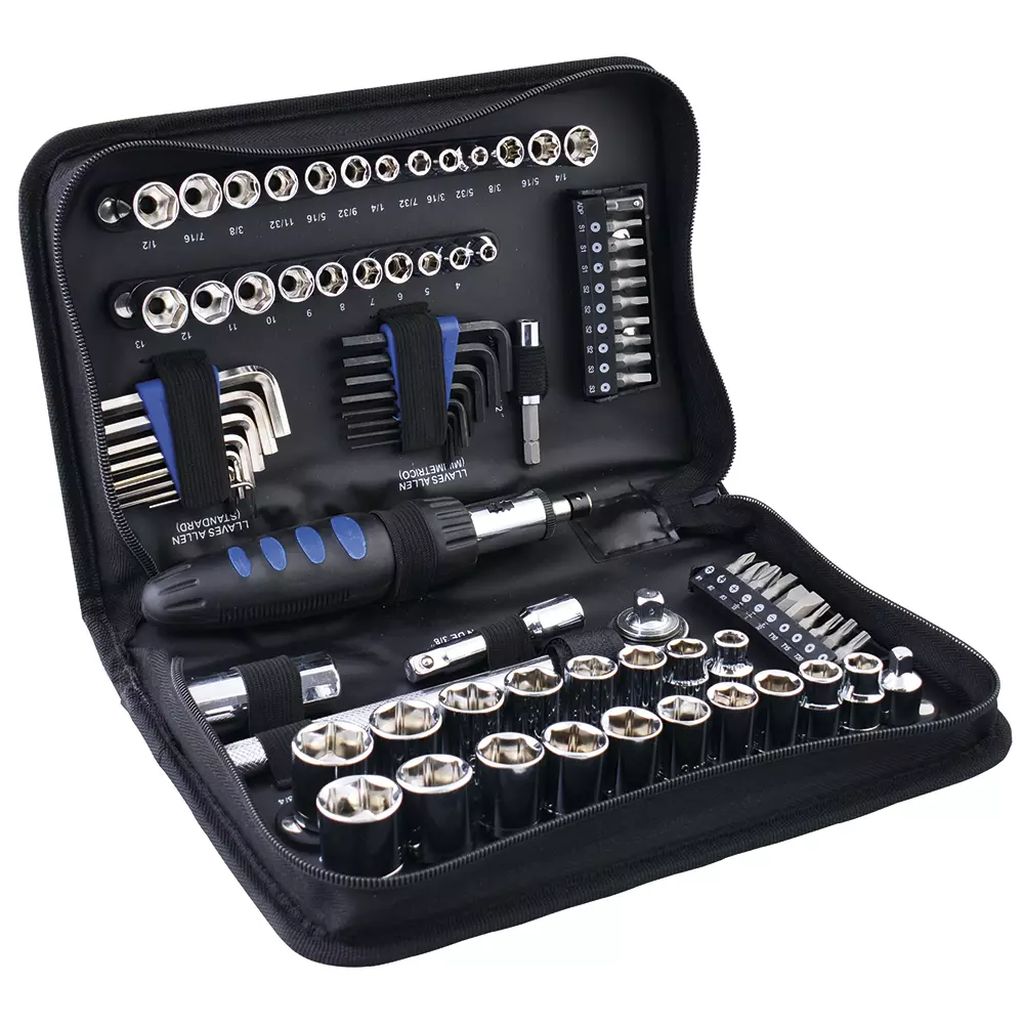 JUEGO DADOS DE CUADRO 1/4" Y 3/8" STD Y MM 12 Y 6 PTAS. (85 PZAS) PORTAFOLIO DE NYLON, FOY