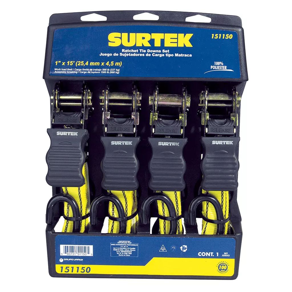 JUEGO DE SUJETADORES CON MATRACA 1"X15" RECUBRIMIENTO PLASTICO ( 4 PZAS), SURTEK