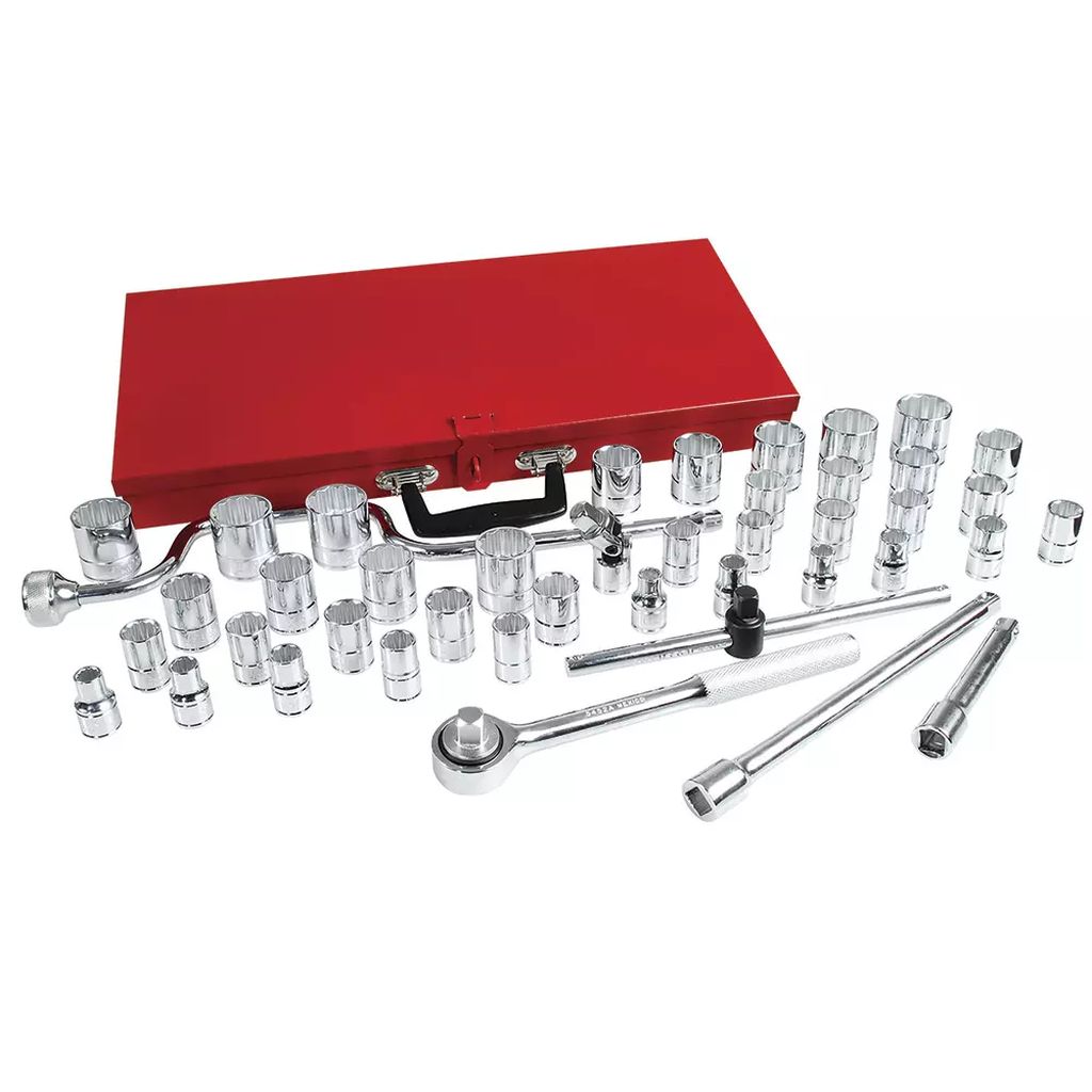 JUEGO DADOS CUADRO 1/2" CORTO STD Y MM 12 PTAS. Y ACCS. (43 PZAS) CJ. METALICA, URREA