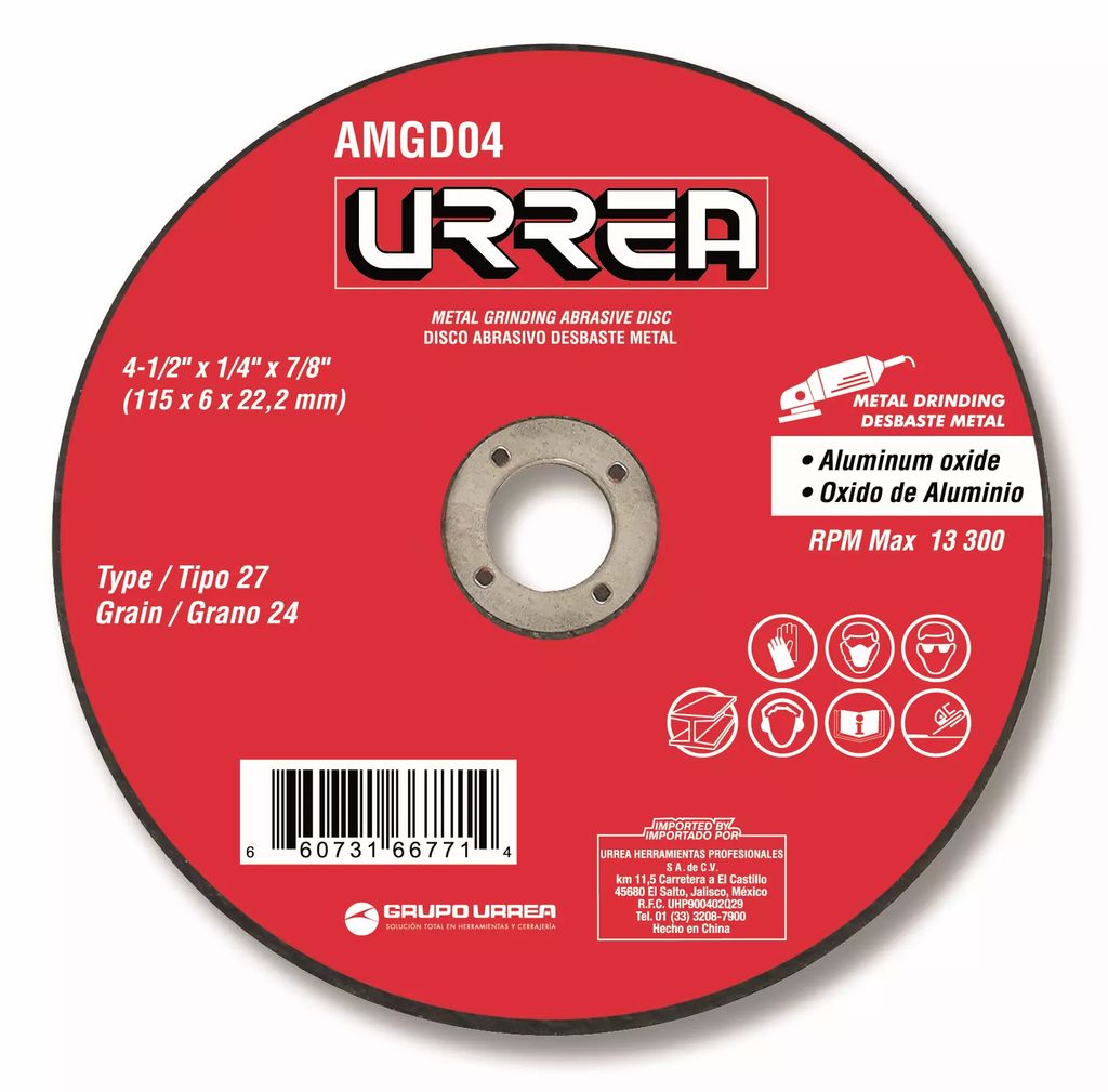 DISCO T-27 4.1/2"X1/4"X7/8" PARA DESBASTE DE METAL, URREA