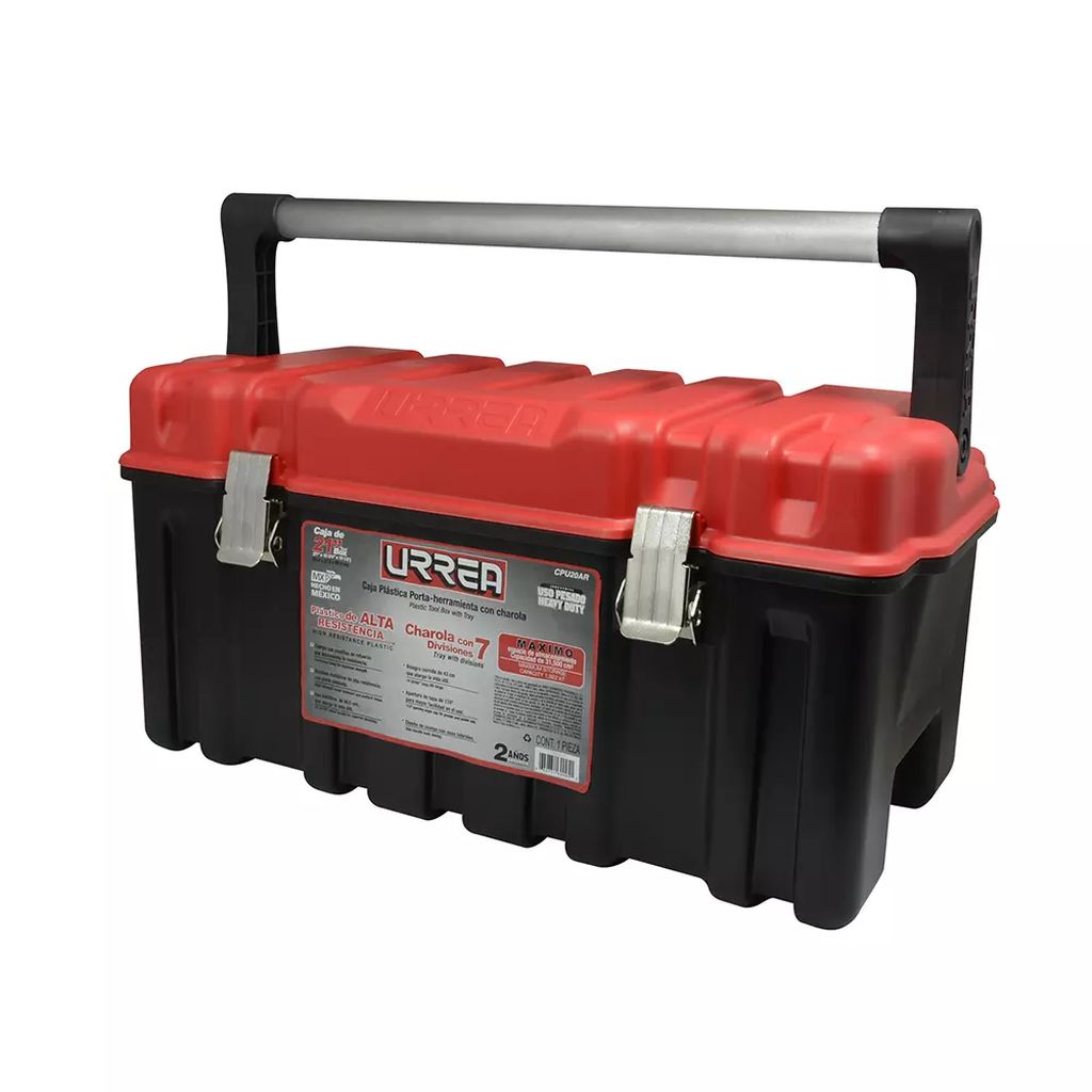 CAJA PARA HERRAMIENTAS PLASTICA C BROCHES METALICOS Y CHAROLA 20"X10.3/8"X10.1/2" USO PESADO ROJA, URREA
