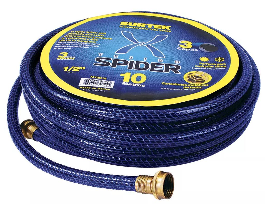 MANGUERA PARA JARDIN ARMADA 1/2" (13MM) X 15MT CON CONECTORES DE METAL TEJIDO SPIDER, SURTEK
