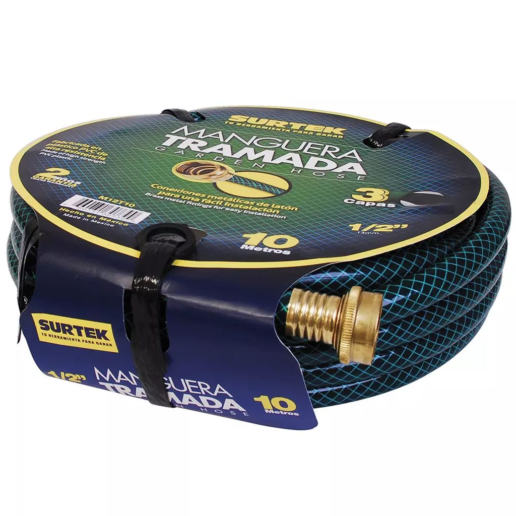MANGUERA PARA JARDIN ARMADA 1/2" (13MM) X 10MT CON CONECTORES DE METAL TRAMADA VERDE 3 CAPAS, SURTEK