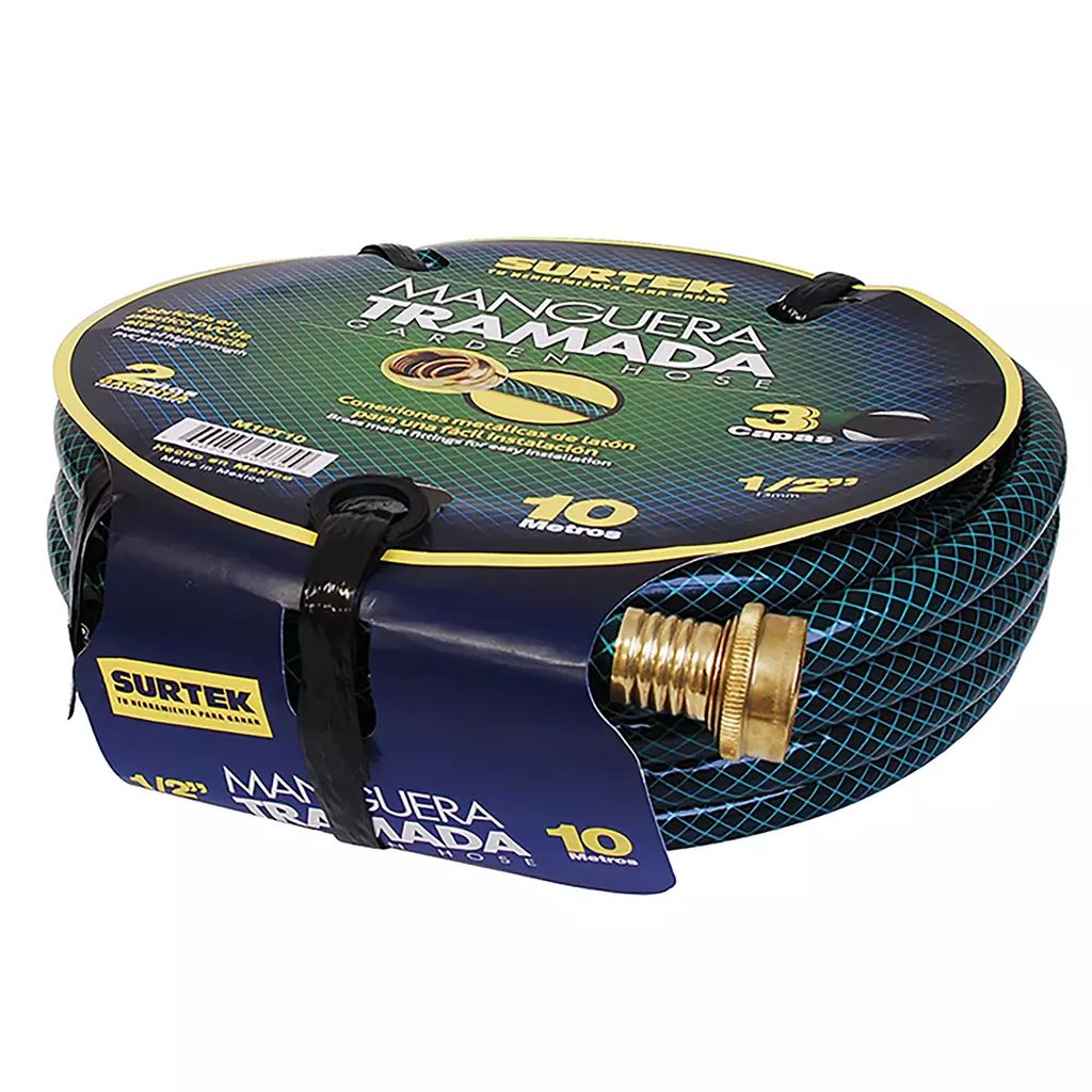 MANGUERA PARA JARDIN ARMADA 1/2" (13MM) X 20MT CON CONECTORES DE METAL TRAMADA VERDE 3 CAPAS, SURTEK